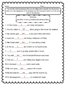 pronouns i and me worksheet