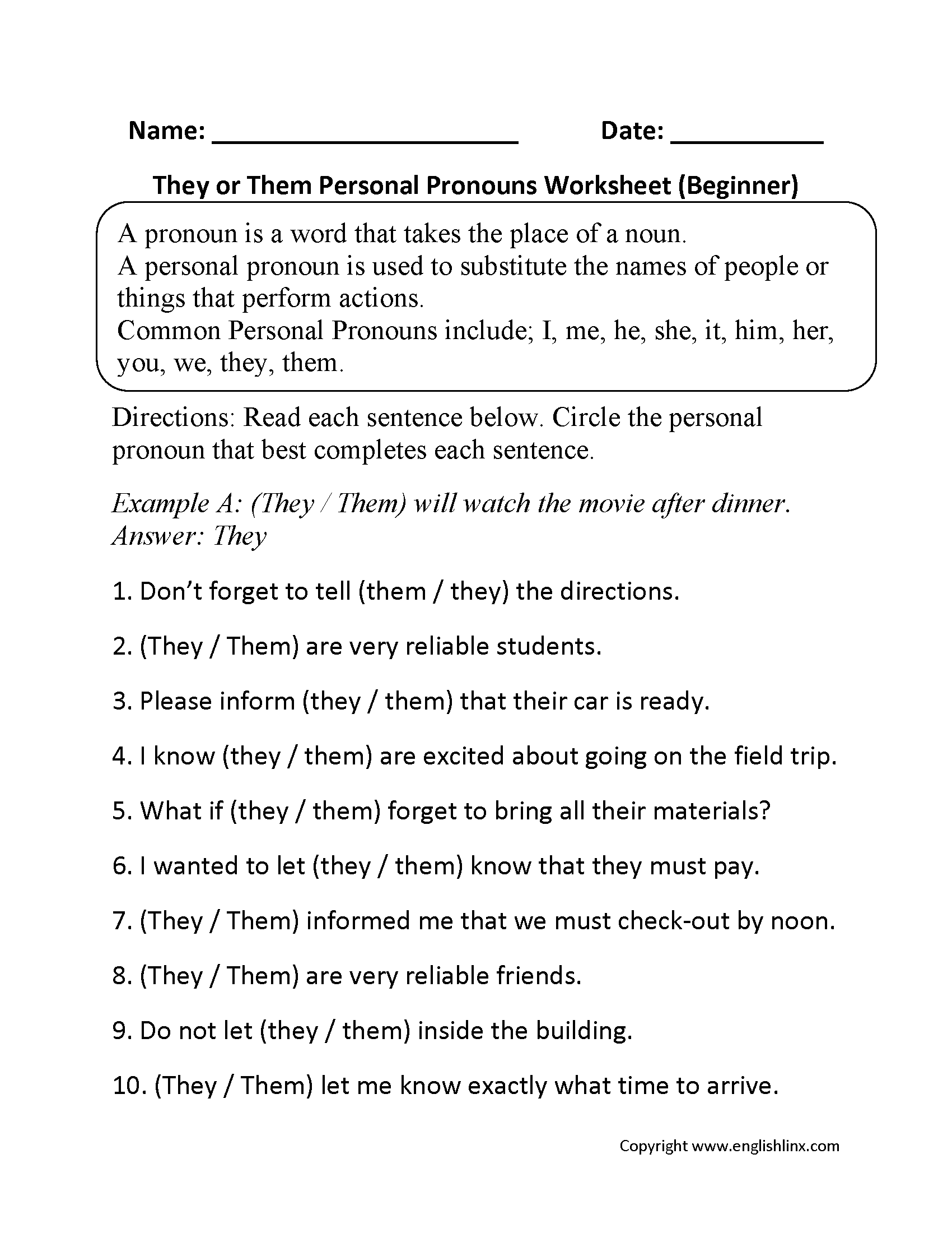 Personal Pronouns Worksheets | They or Them Personal Pronouns ...