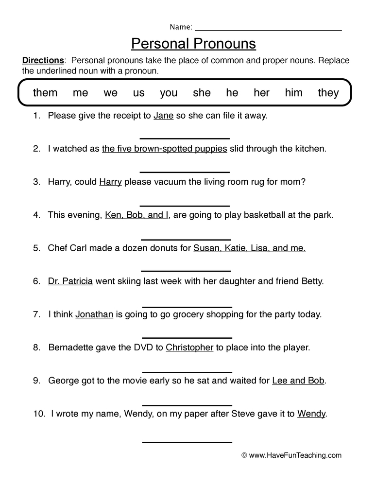 Writing Personal Pronouns Worksheet  