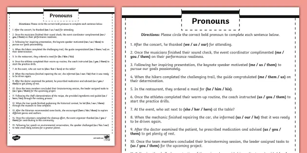 pronouns worksheet 6th grade