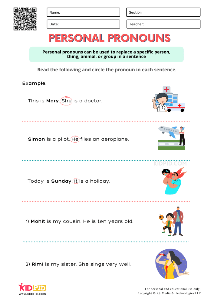Personal Pronouns Worksheets for Grade 1 - Kidpid
