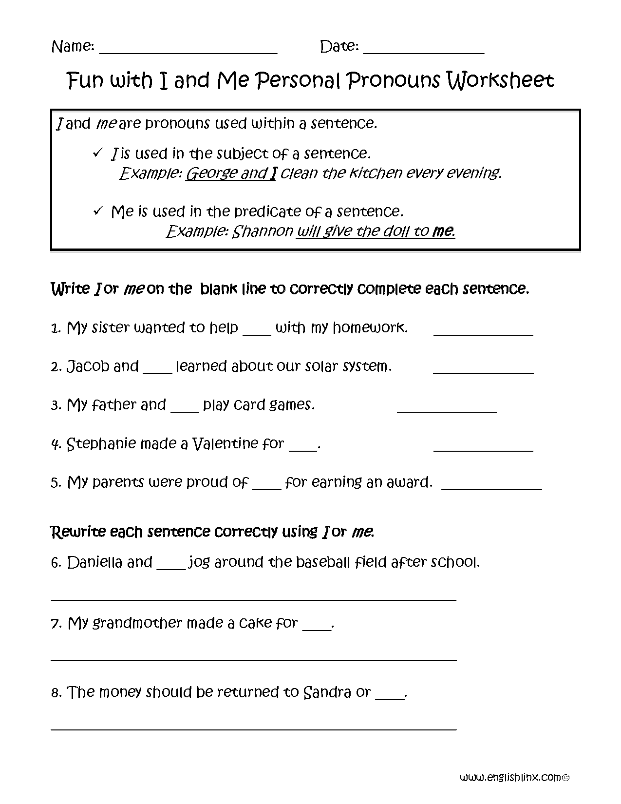 Personal Pronouns Worksheets | Fun with I or Me Personal Pronouns ...