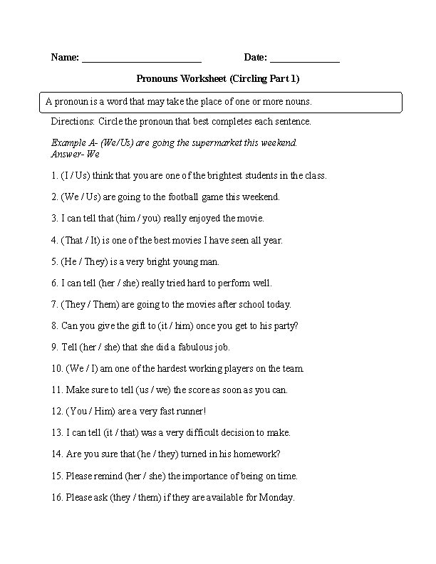 Pronouns Worksheets | Regular Pronouns Worksheets