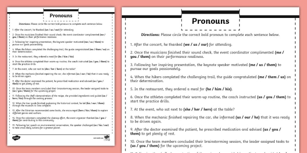 pronouns worksheet for 6th grade