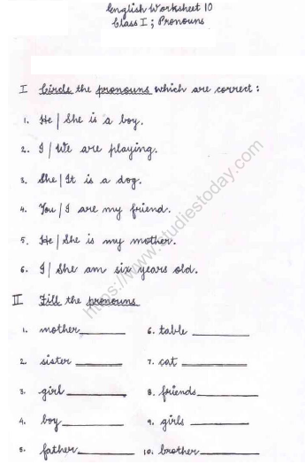 pronouns worksheet for grade 1