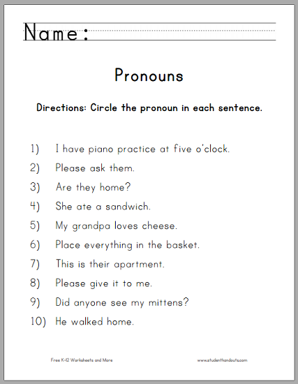 pronouns worksheet high school
