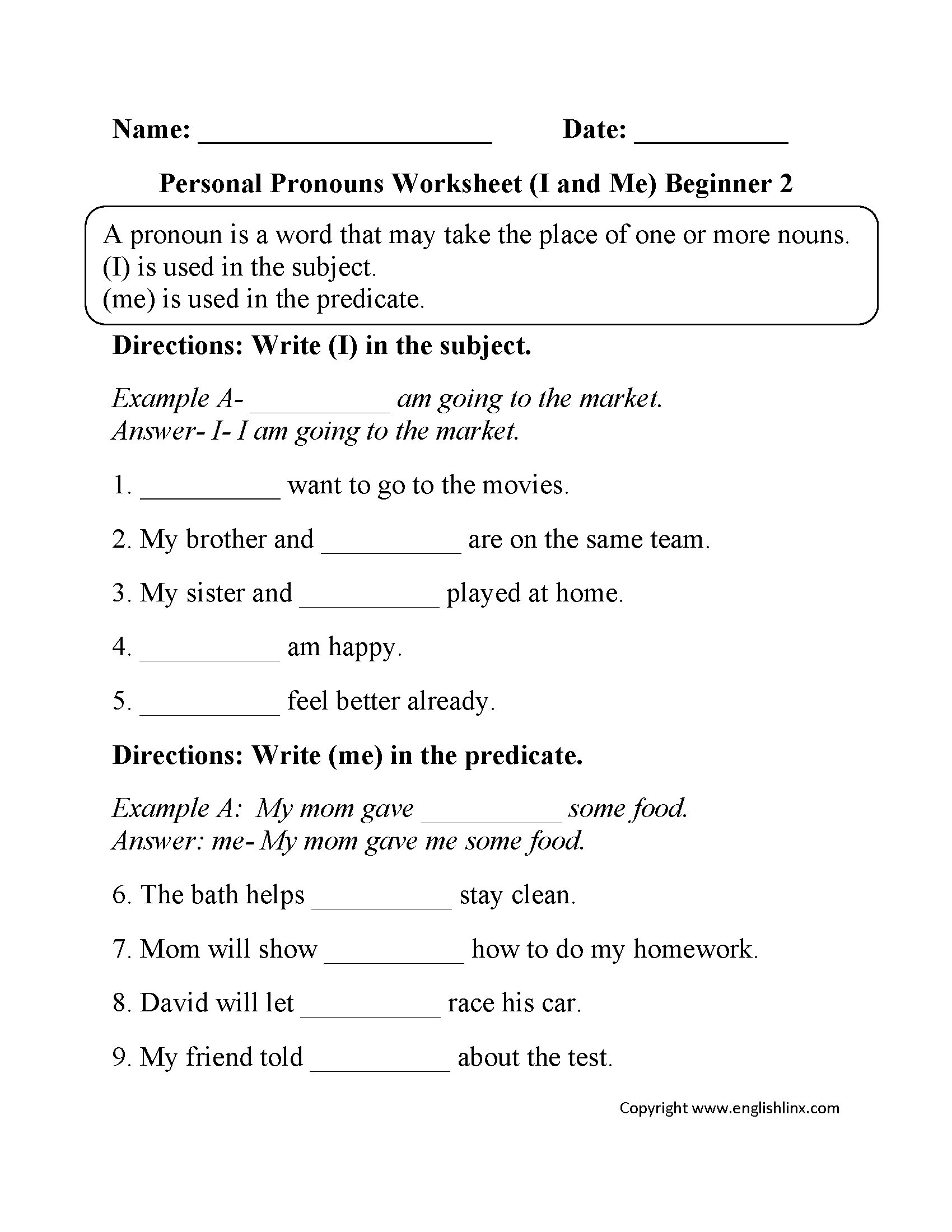 pronouns worksheet with answers