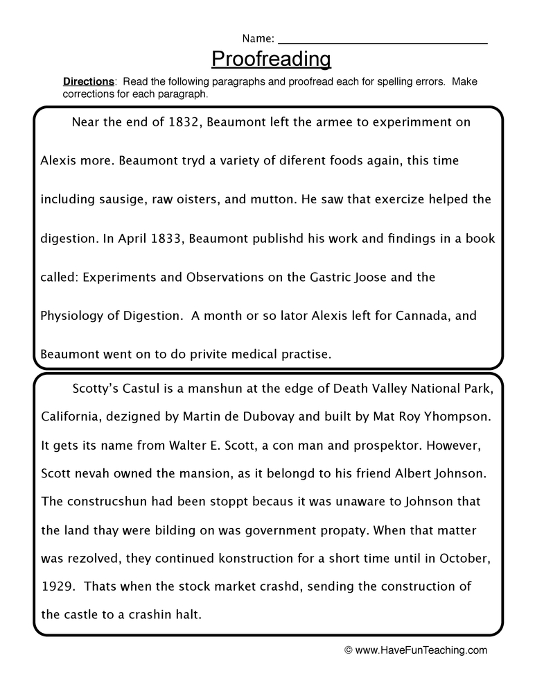 Proofreading Spelling Errors Worksheet  