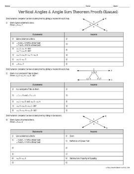 Vertical Angles and Angle Sum Theorem Proofs Practice Worksheets