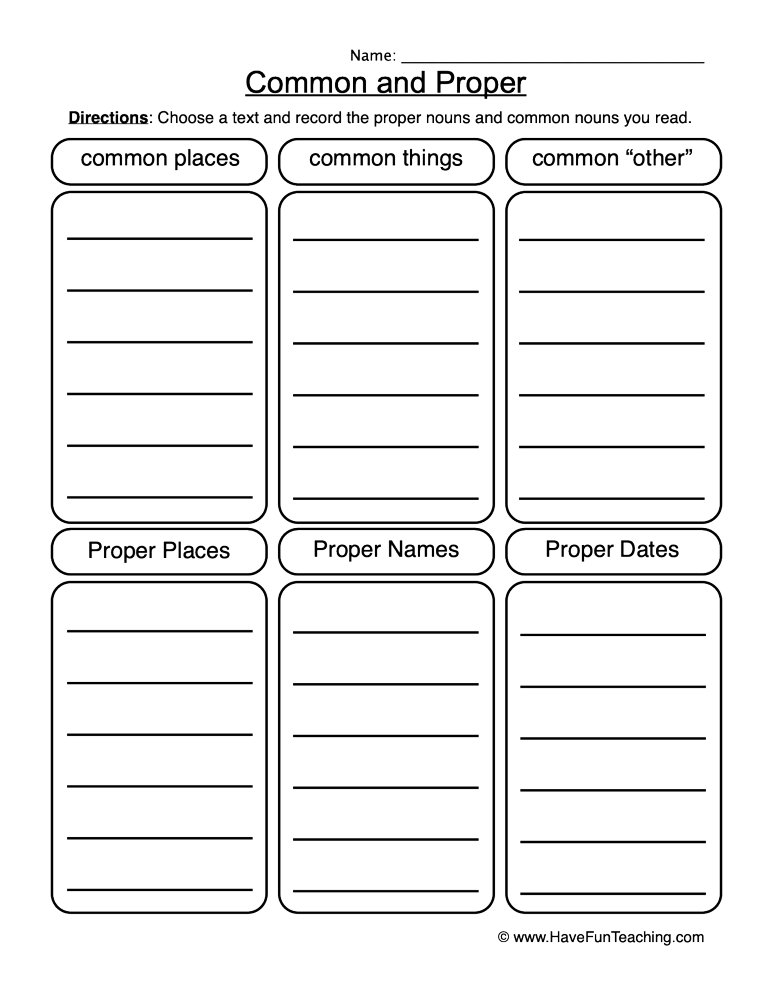 Common and Proper Nouns List Worksheet  