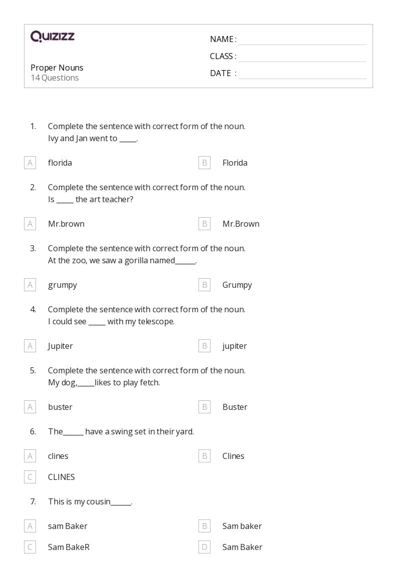proper noun worksheet 2nd grade