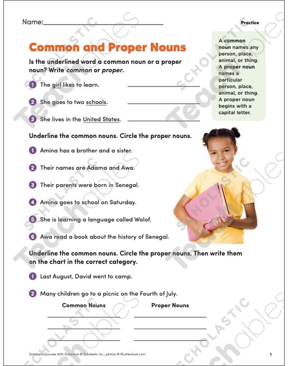 Common and Proper Nouns Grammar Practice Printable Skills