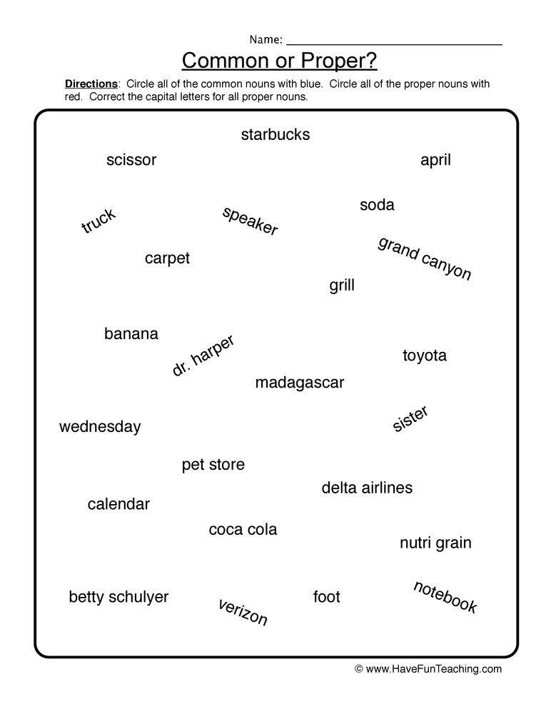 Circle Common or Proper Nouns Worksheet