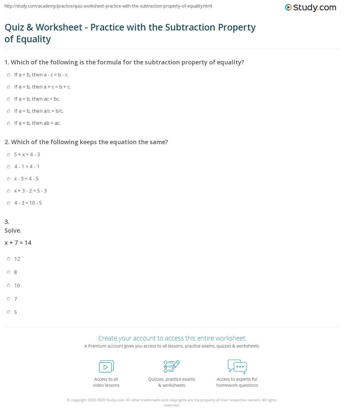 properties of equality worksheet