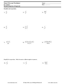 Worksheet: Exponents - Division Properties of Exponents - Rules ...