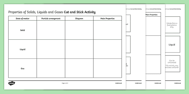 Properties of Solid, Liquid and Gas Cut and Stick Worksheet