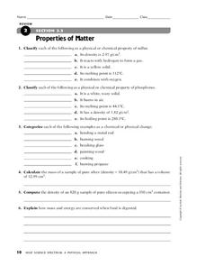 properties of matter worksheet answers