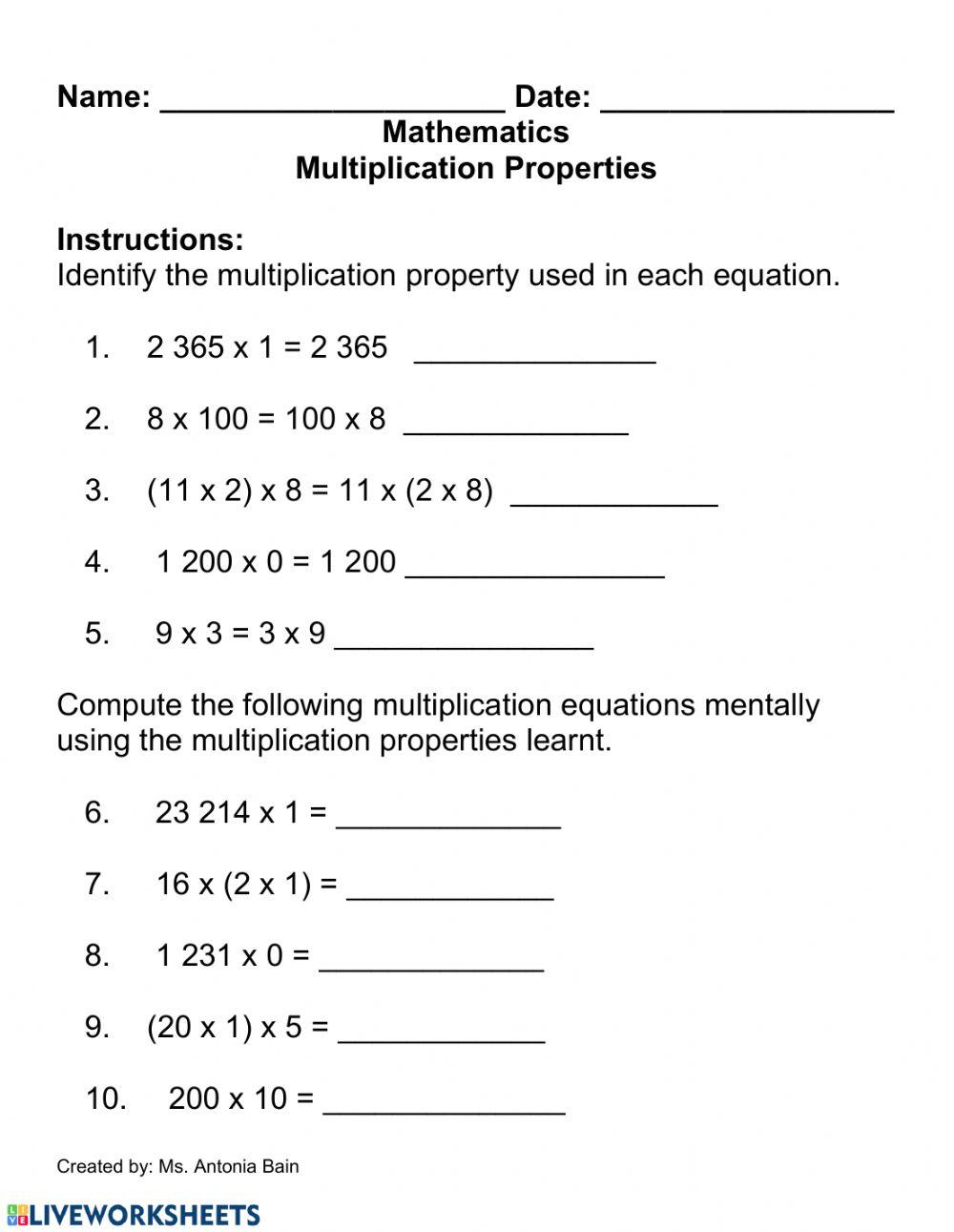 properties of multiplication worksheet grade