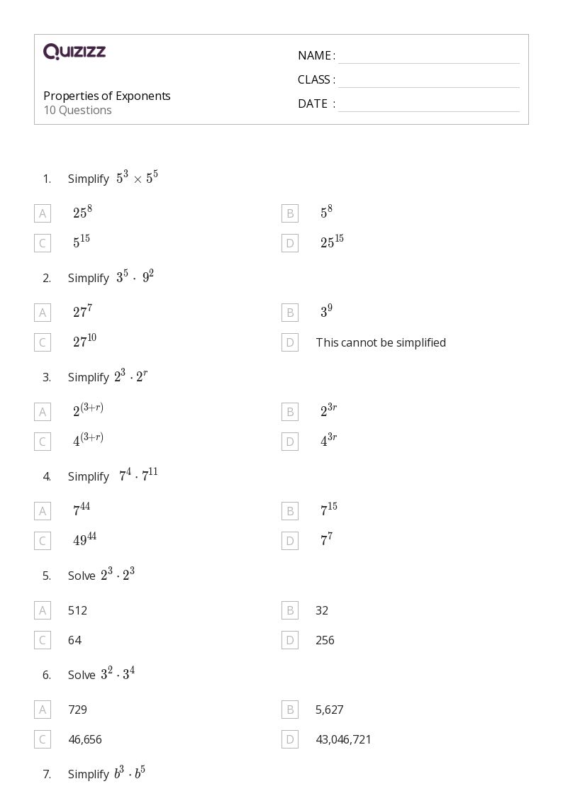 properties of powers worksheet