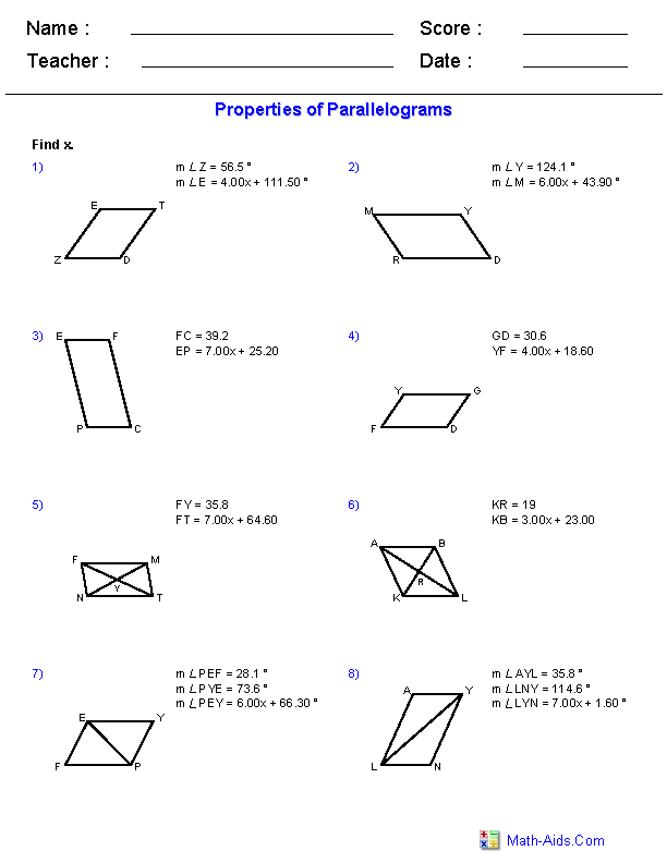 properties of quadrilateral worksheet