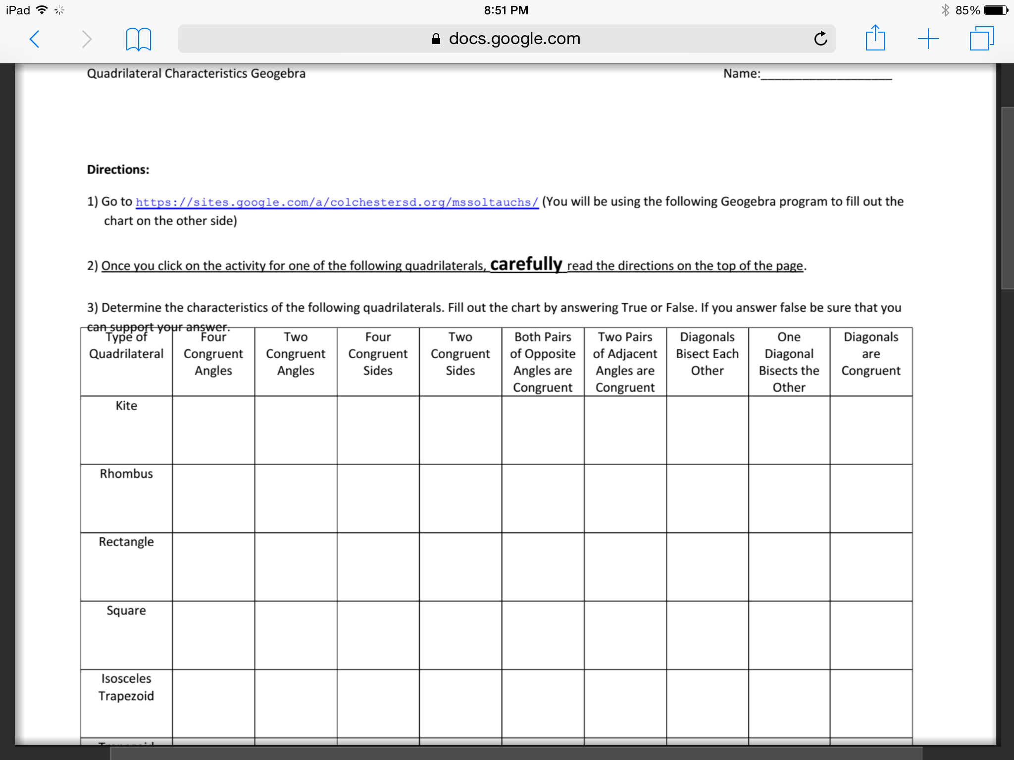 properties of quadrilateral worksheet