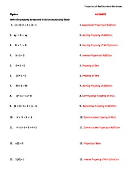 properties of real numbers worksheet answers