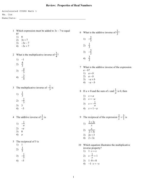 properties of real numbers worksheet