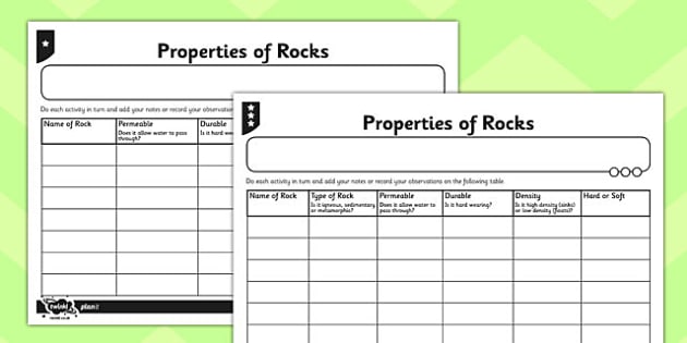 properties of rocks worksheet
