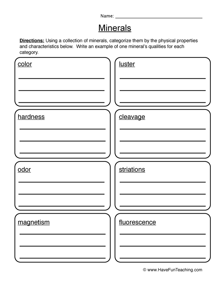 properties of rocks worksheet