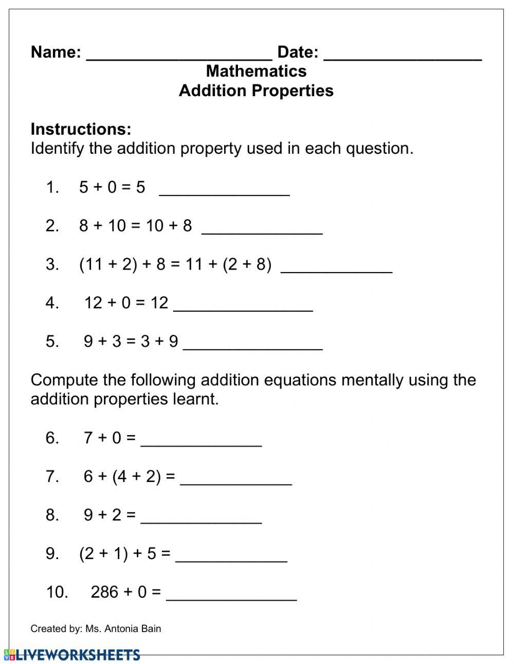 property of addition worksheet