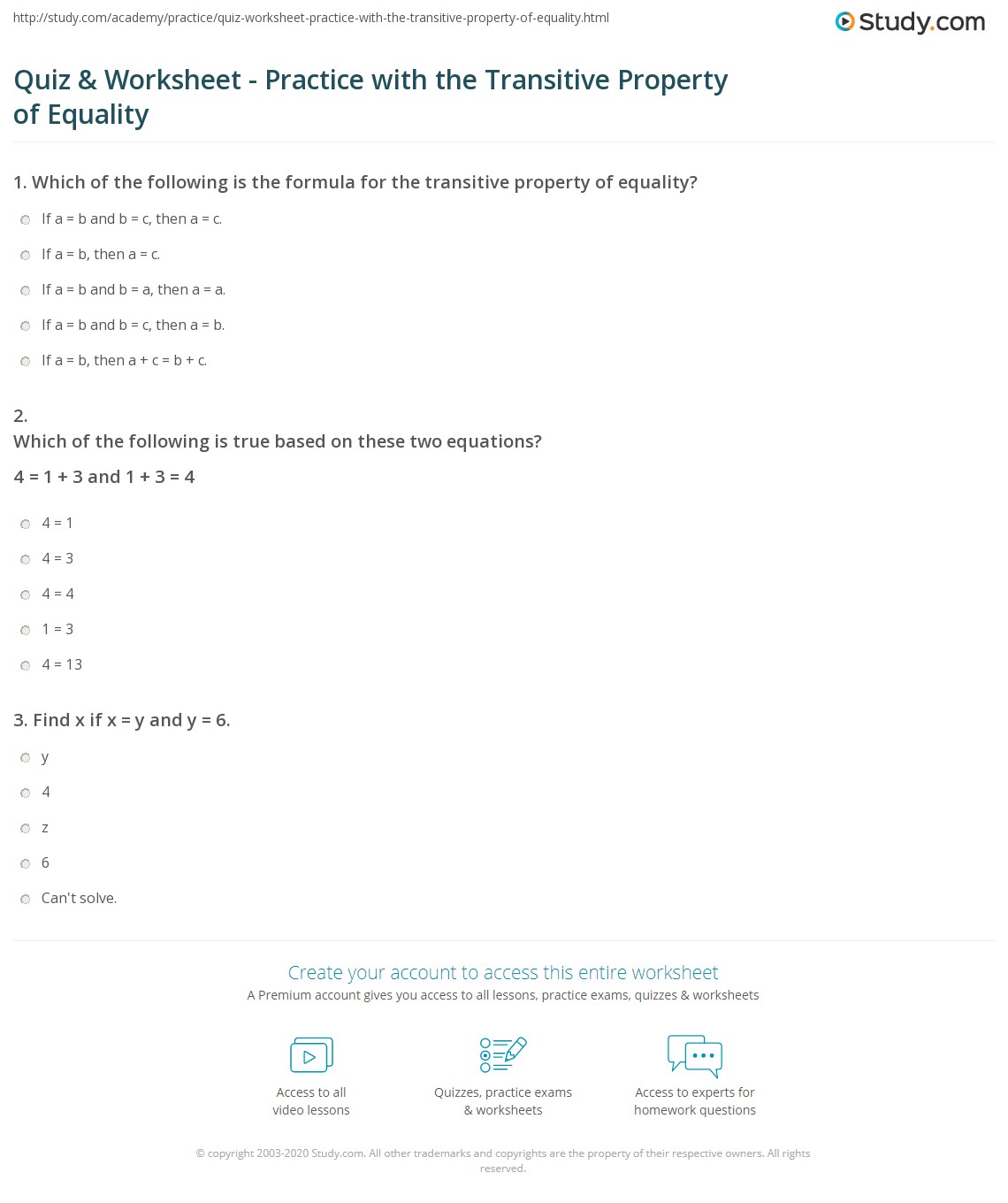 property of equality worksheet