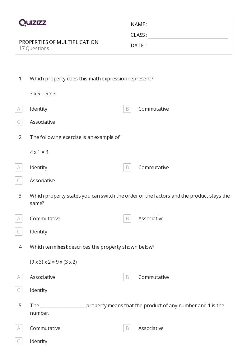property of multiplication worksheet