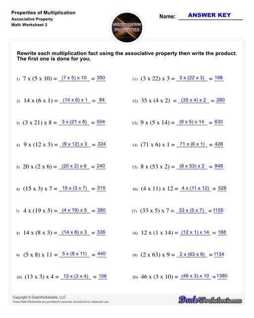 Properties of Multiplication - Math Worksheets