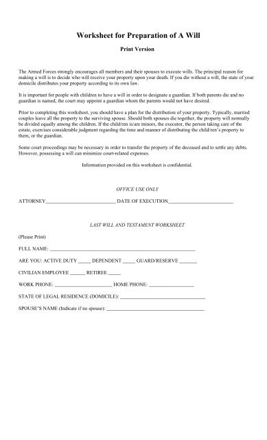 Worksheet for Preparation of A Will