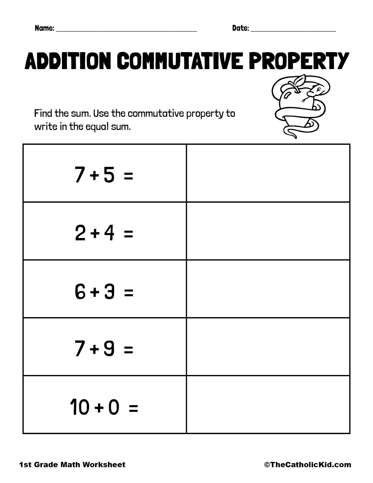 Commutative Property - 1st Grade Math Worksheet Catholic ...