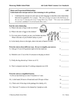 6th Grade Math Common Core Ratios and Proportions Worksheet Series