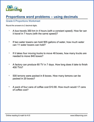 Grade 6 Math Worksheet: Proportions word problems (with decimals ...