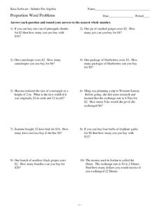 Proportion Word Problems Worksheet for 6th - 9th Grade | Lesson Planet