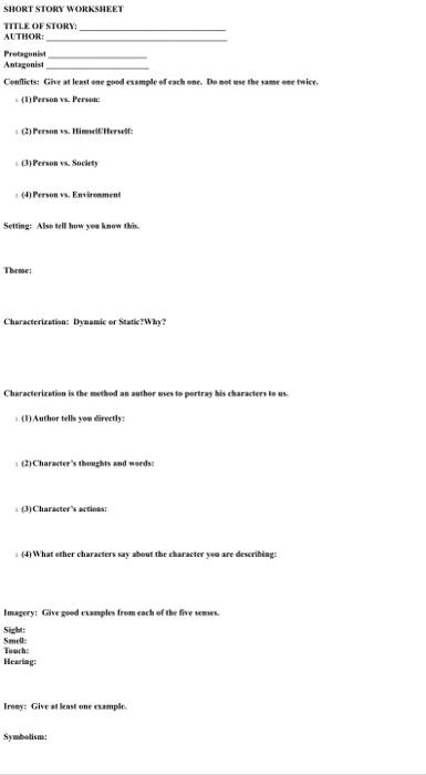 Solved SHORT STORY WORKSHEET TITLE OF STORY: AUTHOR: | Chegg.com