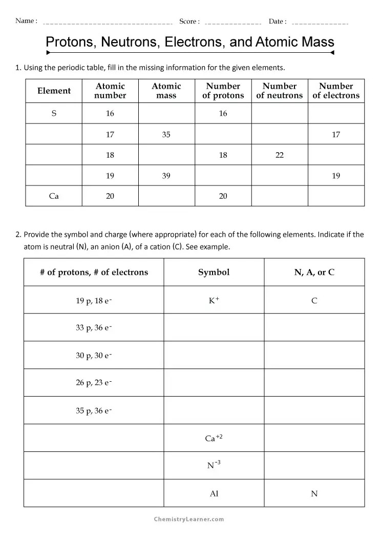 protons neutrons and electrons practice worksheet answers