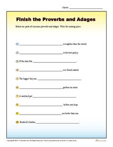 Finish the Proverbs and Adages Worksheet for 4th - 5th Grade ...