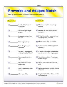 Proverbs and Adages Match Worksheet for 4th - 5th Grade | Lesson ...