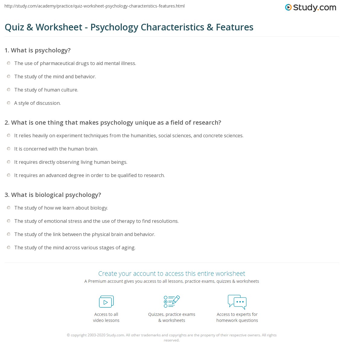 Quiz &  Worksheet - Psychology Characteristics &  Features | Study.com