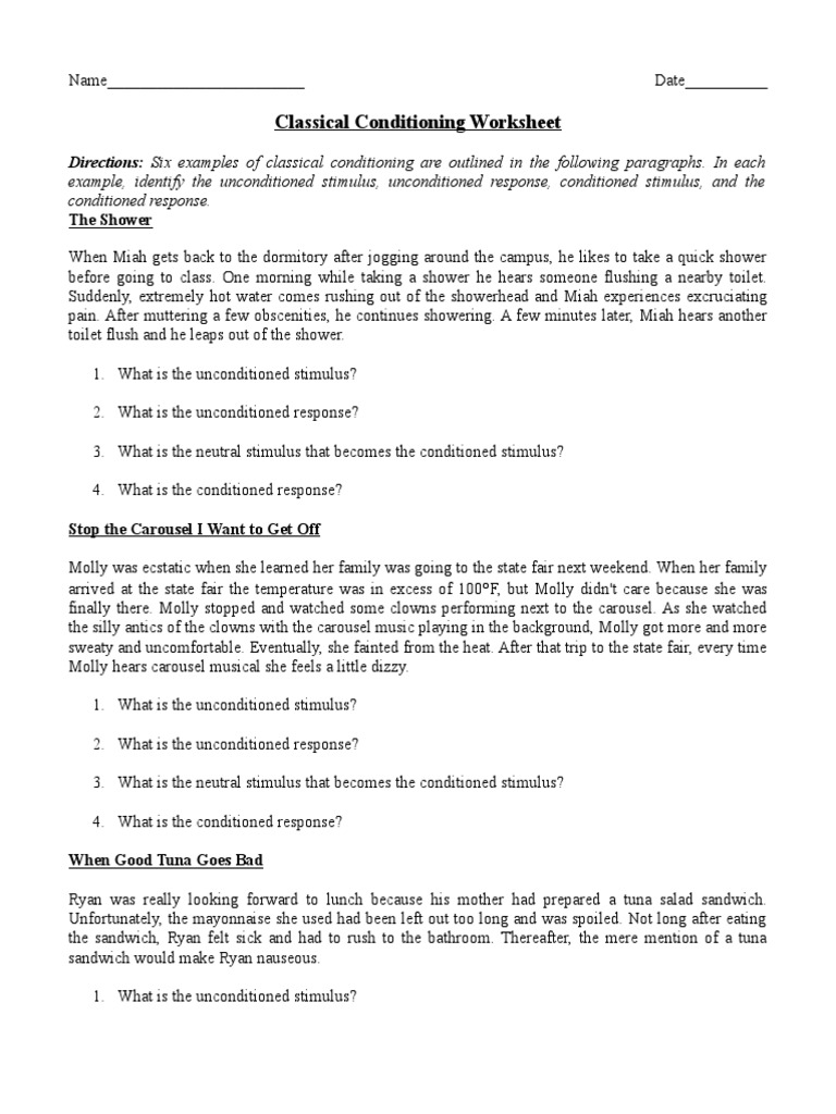 Free psychology classical conditioning worksheet 1, Download Free