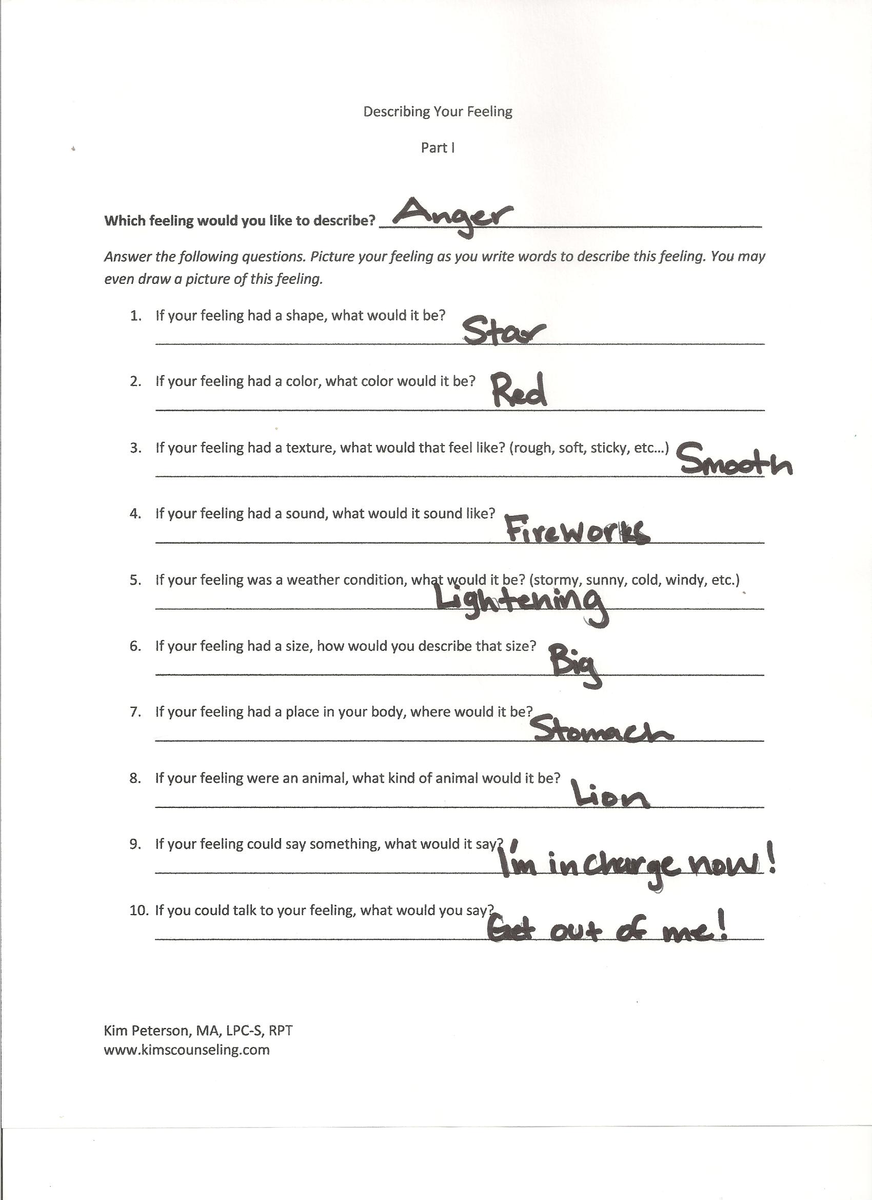 Describing Your Feeling- Printable Guided Imagery Worksheet ...