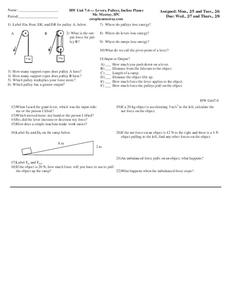 Levers, Pulleys, Incline Planes Worksheet for 9th - 12th Grade ...