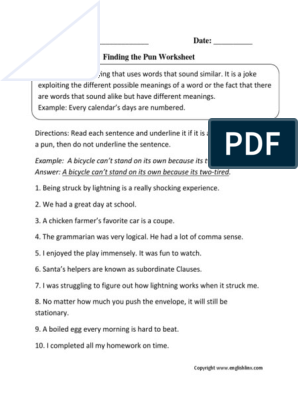 Name: - Date: - Finding The Pun Worksheet | PDF