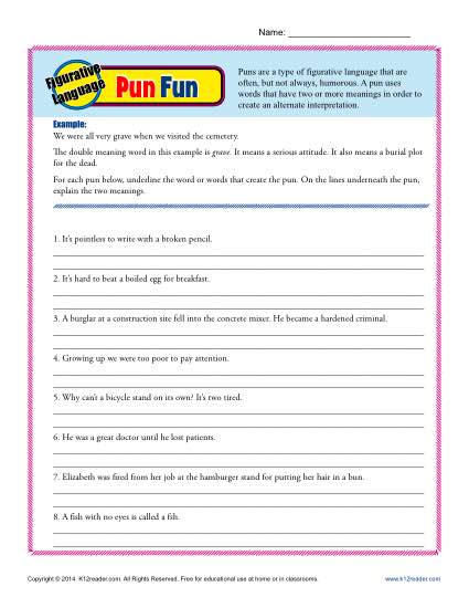 Figurative Language: Pun Fun | 8th Grade Worksheets