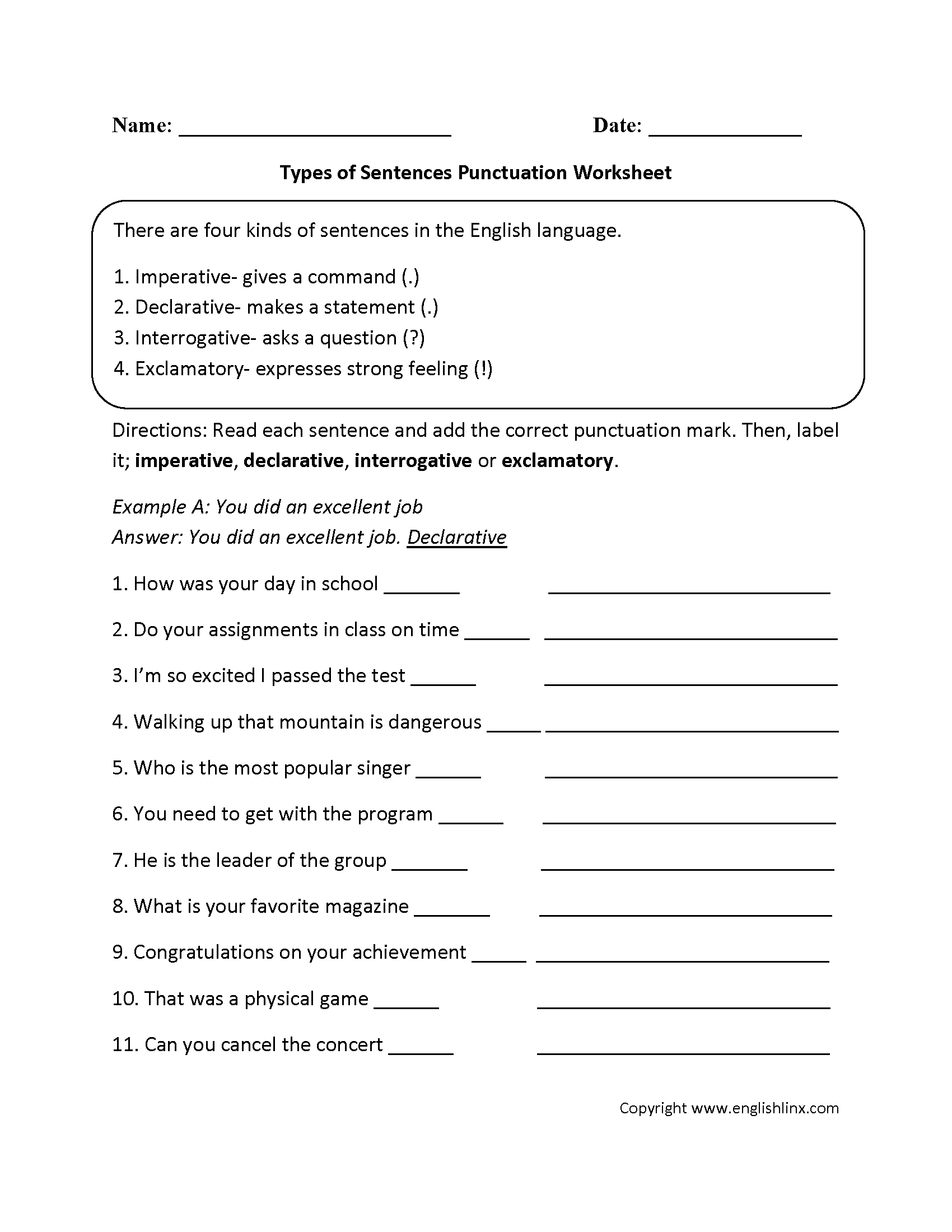 Types of Sentences Worksheets | Types of Sentences with ...