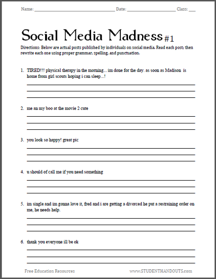 Social Media Madness Worksheets | Student Handouts